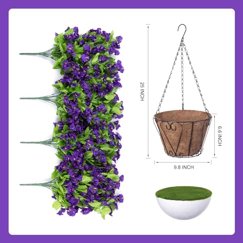 Ammyoo Artificial Faux Hanging Flowers Basket for Spring Summer Outdoor Porch Decor, Fake Silk Colorful Morning Glory Eucalyptus in Planter UV Resistant Look Real for Home Balcony Yard(Dark Purple) - color: Dark Purple