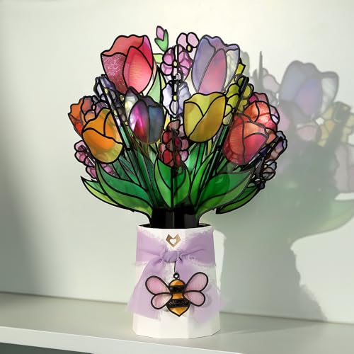 Lovepop Vibrant Tulip Suncatcher Bouquet - 3D Pop Up Paper Flower Bouquet for Mom, Her, Him, Women (Mother's Day, Birthday, Thank You, Get Well) 12 Inch - color: Vibrant Tulip Suncatcher Bouquet