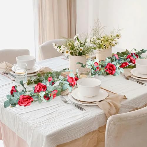 Flower Garland Rose Vine 4Pcs 28FT Artificial Floral Garland with Green Leaves Hanging Rose Vine for Wedding Party Garden Home Wall Decor (Red) - color: Red