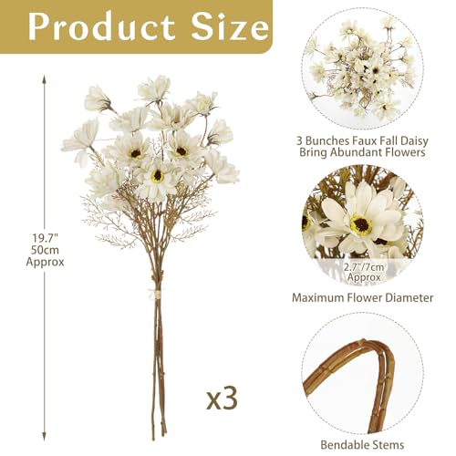 20" Artificial Daisy Bouquets for Fall Table Centerpiece, 3 Bunches Faux Chrysanthemum Flowers with Stems for Floral Arrangements, Autumn Home & Wedding Decor, Fake Wildflowers Mums in Cream White - color: Cream White