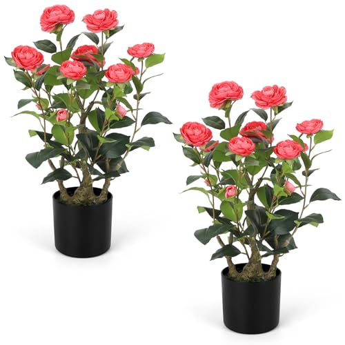Romantic Season 2FT Pink Artificial Camellia Tree 2Pack, Faux Camellia Plant Fake Potted Camellia Flower Tree for Modern Home Office Living Room Floor Décor - color: Pink, size: 2FT