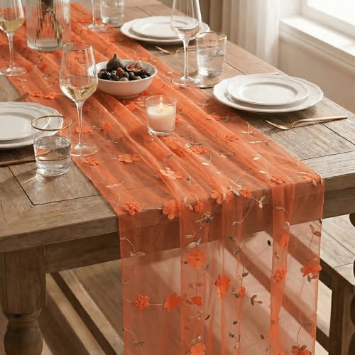 Artoid Mode 3D Flower Orange Gauze Embroidery Table Runner 120 Inch 10FT, Tulle Seasonal Spring Kitchen Dining Holiday Table Decor for Home Party - color: Orange