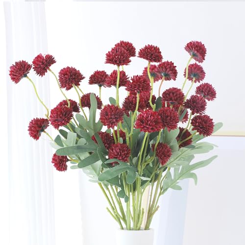 LVEFIT 10 Pcs Burgundy Kiku Flower Fake Mums Long Stem Flowers,Faux Kiku Flower Bulk,Silk Flowers Mini Chrysanthemum Floral Arrangements,Artificial Flowers Chrysanth Mini Fake Flower - color: Burgundy