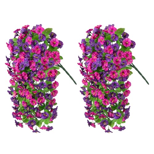 Artificial Fake Hanging Flowers Plants for Outdoor Decoration, 2PCS Faux Silk Morning Glory Long Vines Stems UV Resistant Look Real for Spring Summer Outside Home Porch Patio(Violet Red Purple) - color: Z-purple Violet