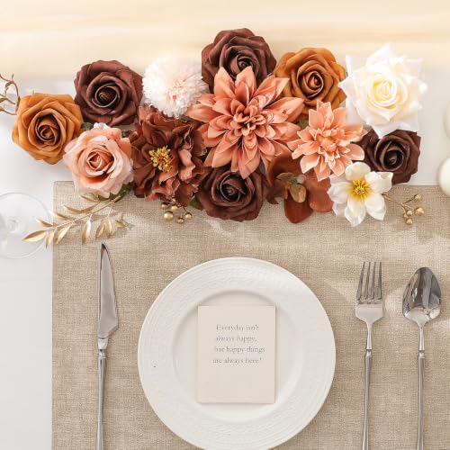 Garisey Artificial Flowers Combo, Mix Silk Flowers Roses, Peonies, Dahlias with Stems for DIY Wedding Bridal Bouquets, Baby Shower, Table Centerpiece, Home Decor, Fake Floral Arrangements-Brown & Nude - color: Brown & Nude Color
