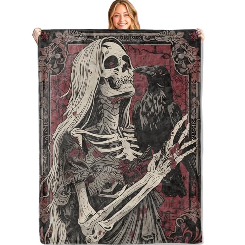 Gothic Skull Throw Blanket,40x50in,Soft,Lightweight Flannel,Skeleton and Raven Vintage Dark Blankets - Gifts for Adult,for Couch Office Travel,Home Living Room Halloween Goth Decor - color: Horror 02, size: 40x50in