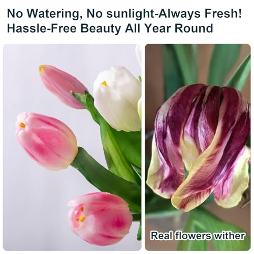 Bailikang 20PCS Fake Tulips Artificial Tulip Silk Flowers Fake PU Bouquet Artificial Flowers Faux Flowers with Gift Box Soft Faux Tulips Bouquets Arrangements for Party Wedding Home - color: White+pink