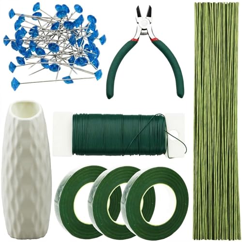 Floral Tape and Wire Arrangement Tools Kit with Wire Cutter - 1 pcs vase, 16 Gauge Paper Bag Flower Stalk and 22 Gauge Binding Iron Rope, Boutonniere Pin, for Bouquet Stem Wrapping and Floral Crafts - color: 16Ga Floral Wire+Wire Cutter Pin vase Floral Ta