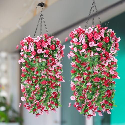 Hotop 2 Set Artificial Flowers with Hanging Basket Includes 6 Pcs Morning Glory Vines Faux Outdoor Hanging Plants Waterproof UV Resistant Fake Flowers for Patio Spring Summer Decor(Rose Red, Pink) - color: Rose Red, Pink