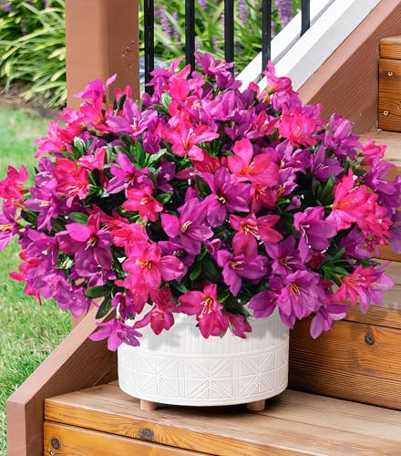 INSPRING Artificial Flowers Fake Plants for Outdoors Spring Summer Decoration, 3 Bundles Faux Silk Azalea UV Resistant Outdoor Flowers Realistic for Planters Outside Patio Porch Garden Home Decor, Mix - color: Fuchsia + Hotpink