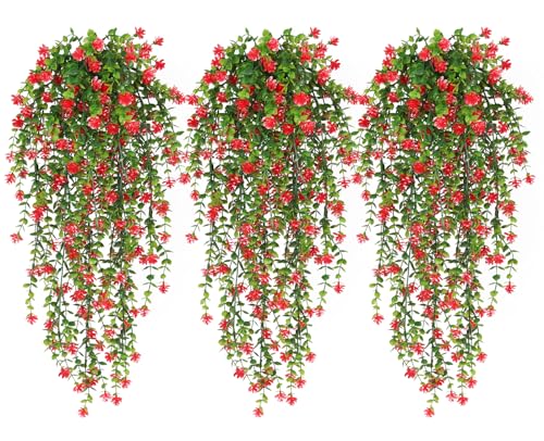 RECUTMS Artificial Hanging Plants Fake Hanging Vine Flowers Fake Plants Faux Hanging Plants Outdoor Faux Eucalyptus Leaf Greenery Wall Indoor Room Wall Wedding Patio Porch Decor(Red) - color: Red, size: Hanging Plants