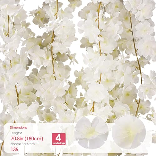 4 PCS Cherry Blossom Garland Artificial Silk Flower Vine Hanging Floral Decor for Wedding Arch Party Home Garden Wall Decoration (White) - size: 70in-4pcs-White