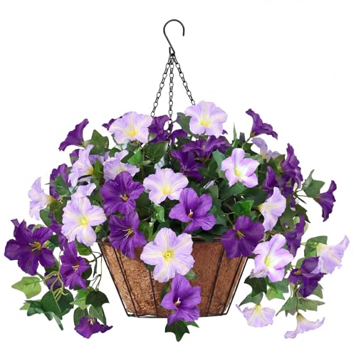 3PCS Hanging Artificial Flowers with Basket, Morning Glory Patio Decorations Outdoor Fake Hanging Decoration, Look Real UV Resistant Artificial Flowers for Outdoor Porch Patio Balcony(Purple)