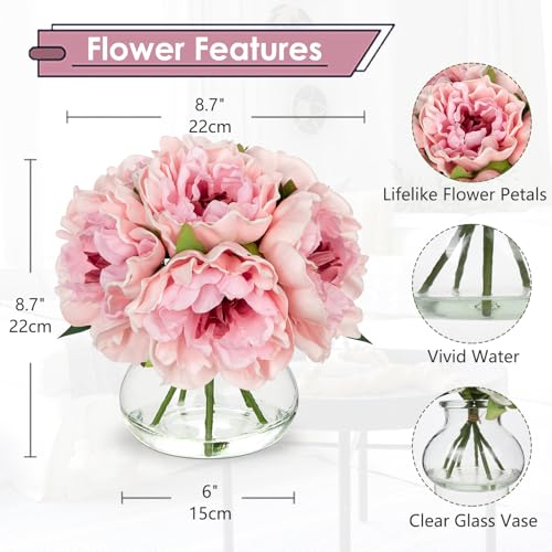 Hollyone Light Pink Peonies Artificial Flowers with Vase Faux Flowers Peony Fake Flowers Silk Flower Arrangements in Glass Vase with Faux Water for Bathroom Table Centerpiece Shelf Home Decor - color: Peony, Light Pink