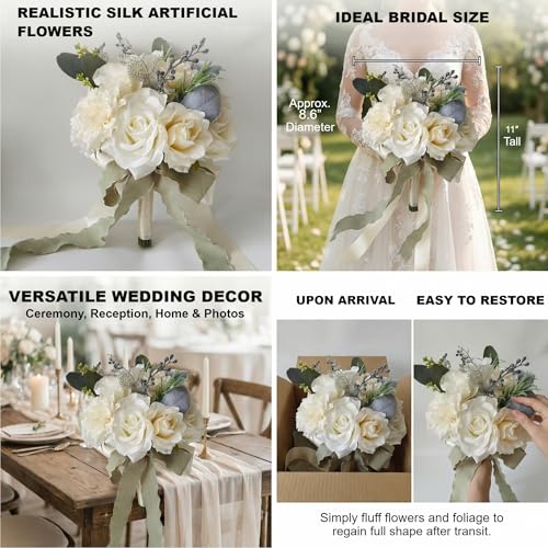 Wedding Bouquets for Bride, Ivory White Bridal Bouquet | Realistic Silk Rose for Rustic Boho Church Ceremony, Proposal, Thanksgiving, Wedding Decor - color: Ivory White