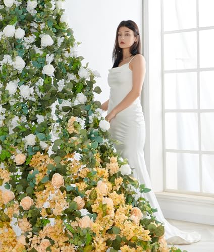 PONKING Flower Garland Artificial Rose & Hydrangea Vine Hanging Fake Flowers Vines for Wedding Birthday Party Valentines Christmas Room Wall Arch Decor, 1 Rose & 1 Hydrangea White Floral Garland - color: Large Rose & Hydrangea White Vines 5.4ft