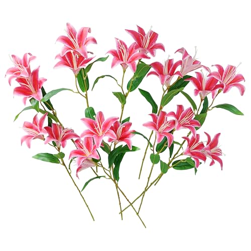 Artificial Lilies Flowers,10Pcs Faux Lily Flower,20''Tiger Lily Branch with 2 Full Blooms , Faux Fake Lilies Plants for Wedding Bouquet Home Party Indoor Floral Arrangements (10, deep pink) - color: Deep Pink