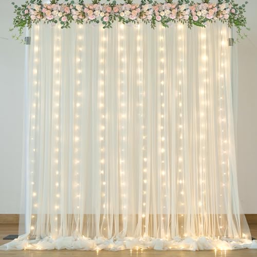 Ivory Sheer Backdrop Curtains with Lights String for Parites Wedding 10×8ft Tulle Backdrop Curtains for Baby Shower Birthday Party Photo Shoot Background Decorations - color: Ivory, size: 10 ft X 8 ft(2 Panels 5ft X 8ft)