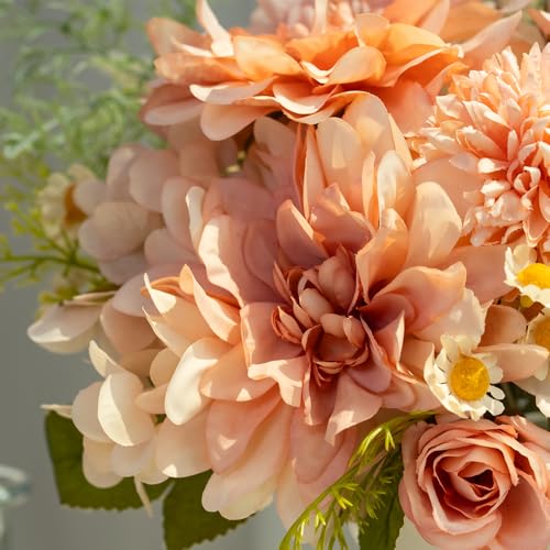 Fake Flowers with Vase Silk Dahlia Artificial Flowers in Vase Faux Hydrangea Flowers Arrangements with Vase for Home Office Decoration Dining Table Centerpiece (Pink) - color: Pink