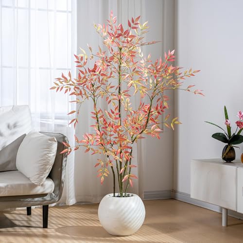 4.6ft Faux Bamboo Tree Artificial Nandina Tree Artificial Indoor Plants Realistic Fake Potted Tree with 800+ Leaves, Cement Planter - Home Office Decor Perfect for Housewarming Gift No Planter - color: Red, size: 4ft 7in