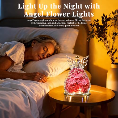 Beferr Gifts for Mom Birthday Gifts for Women, Fresh Flowers for Delivery Forever Preserved Rose in Glass Angel Figurine, Anniversary Christian Real Rose for Grandma Wife Mother from Daughter Son - color: L Rose Pink