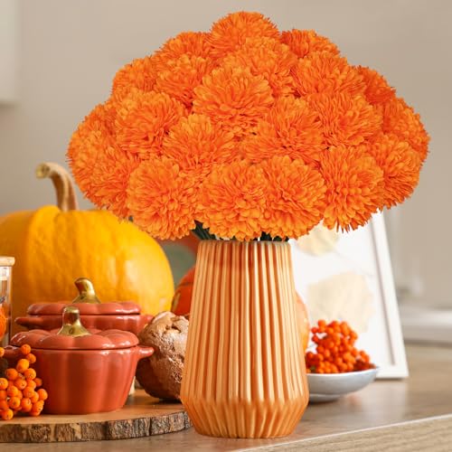 36 Pcs Artificial Chrysanthemums Flowers,Marigold Flower Fall Fake Flowers Orange Silk Mums Bouquet Decor Faux Ball Flowers for Autumn Day of Home Decor Indoor Wedding Table Centerpiece (Orange) - color: Orange