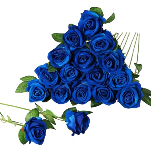 40 PCS Artificial Flowers Fake Roses with Long Stem Realistic Artificial Flowers Bulk for Wedding Party Home Bathroom Kitchen Decor (Sky Blue+Blue) - color: Sky Blue+blue