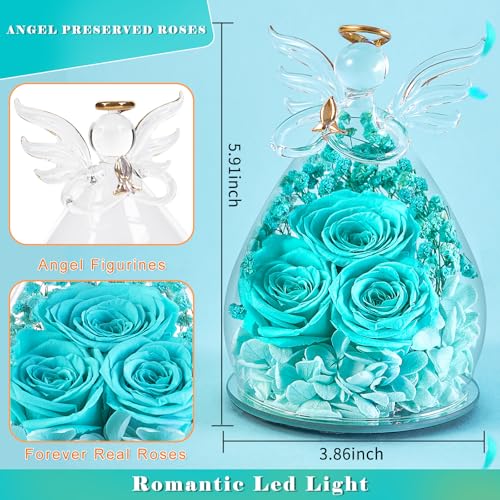 Beferr Gifts for Mom Birthday Gifts for Women, Fresh Flowers for Delivery Forever Preserved Rose in Glass Angel Figurine, Anniversary Christian Real Rose for Grandma Wife Mother from Daughter Son - color: J Tblue