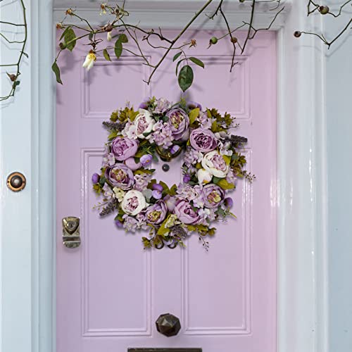 BOMAROLAN Artificial Peony Flower Wreath 19Inch Vintage Blooming Silk Peonies Spring Summer Fall Winter Large Wreaths Flower Green Leaves for Outdoor Front Door Indoor Wedding Wall Or Window Décor - color: Purple
