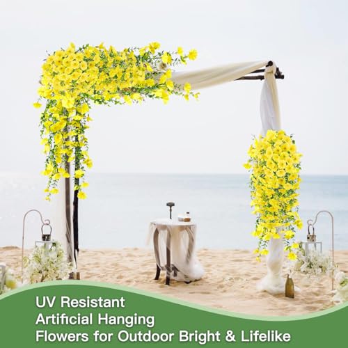 Artificial Flowers for Outdoors Fake Morning Glory Hanging Flower Decoration, 2 Pcs Realistic Faux Plants Petunias Trailing Vines, Spring Summer Decor for Porch Patio Balcony Planter Yard(Yellow) - color: Yellow, size: 2 Pcs