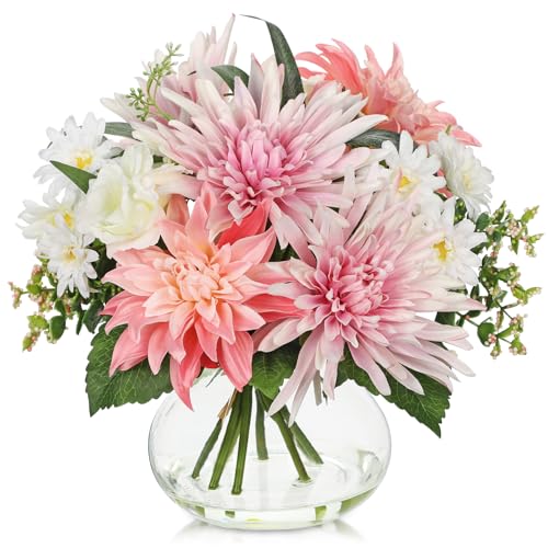 Briful Fake Flower Arrangement in Glass Vase, 11" Faux Dahlia Silk Flowers Centerpiece Table Decorations Pink Mixed Floral Bouquet for Home Office Dining Room Coffee Table Wedding Decor - color: White Pink