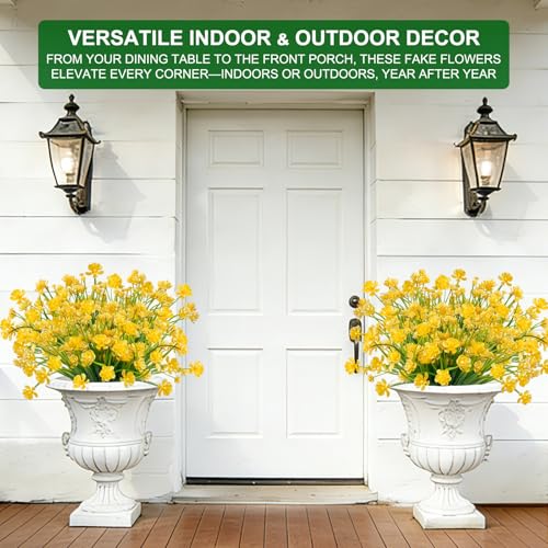 TURNMEON 12 Bundles Artificial Flowers for Outdoors Summer Decor, Realistic UV Resistant Fake Plants Faux Plastic Flowers for Outside Planter Home Gardens Porch Yards Spring Cemetery Decor(Yellow) - color: Yellow, size: 12 Bundles