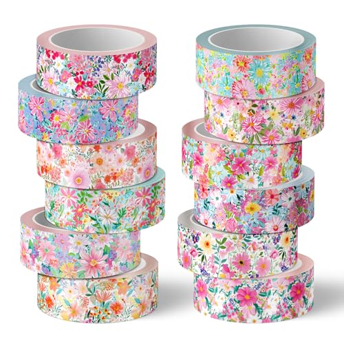 FYSUIMU 12 Rolls Floral Washi Tapes Watercolor Flower Decorative Masking Tape Set Colorful Spring Wrapping Paper Tape for Scrapbook Journal DIY Art Crafts - style: Floral