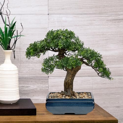 Artificial Bonsai Tree Juniper Faux Plants Indoor Fake Plants Decor with Blue Square Ceramic Pots for Home Table Office Desk Bathroom Shelf Bedroom Living Room Farmhouse Decorations - style: 16" Ficus