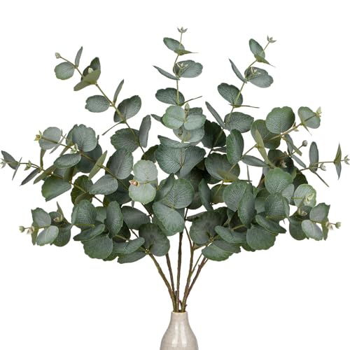 GnFlus 30" Artificial Eucalyptus Stems 5 Pcs Fake Tall Eucalyptus Leaves Branches Faux Silk Greenery Leaves with White Frosted for Vase Home Tabletop Wedding Centerpieces Shelf Kitchen Decor Green - color: Green