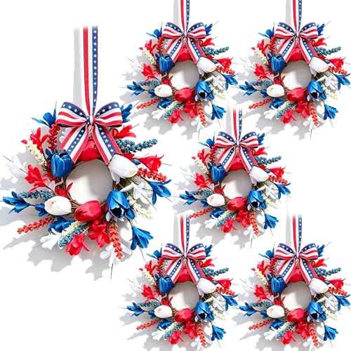 6 Pcs Small 4th of July Hanging Wreaths for Cabinets with Red White Blue Tulips Blooms Artificial Mini Independence Day Mini Candle Ring Wreath for Memorial Day Front Door Window Porch Wall Decor - color: Patriotic-5