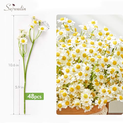 Serwalin 48pcs Small White Daisy Flowers Artificial Bouquet, Realistic Faux Daisy Fake Wildflowers Daisies Arrangements for Home Garden Vase Wedding DIY Home Party Decor (Basket Not Included) - color: White, size: 48PCS