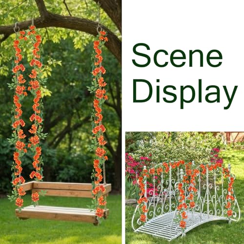 2 Pcs Artificial Flowers Garland for Outdoors Orange Faux Gardenia Garland 12Ft Silk Rose Hanging Vines Floral for Wedding Arch Party Wall Garden Ceremony Backdrop Fence Spring Decor - color: Orange