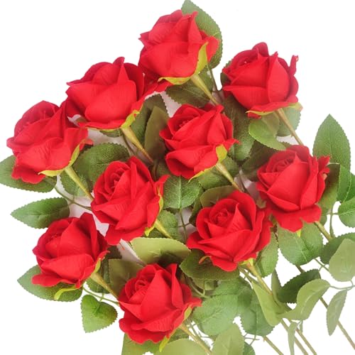 Kenpal Realistic Fake Roses Artificial Flowers with Stem for Decoration Floral Arrangement Centerpieces Wedding Bouquets (10, Red) - color: Red