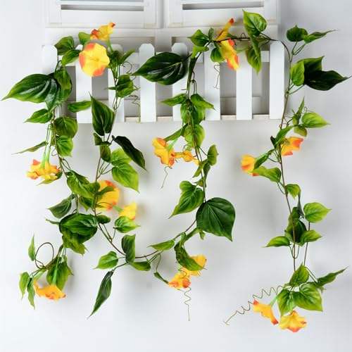 Fake Morning Glory Hanging Plants, Artificial Vines Silk Flowers Faux Ivy Plastic Greenery Garland Plant for Home Garden Yard Wall Fence Stairway Wedding Party Basket DIY Decoration Orange 2 Pack - color: Morning Glory Vines - Orange 2 Pcs