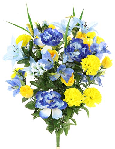 Admired by Nature 40 Stem Artificial Flowers Roses Lily Peony Mixed Bush Spring Faux Flower Arrangement - for Indoor Outdoor Wedding Home Decor, Cemeteries and Funerals, Events, Crafts - Blue/Yellow - color: Blue/Yellow