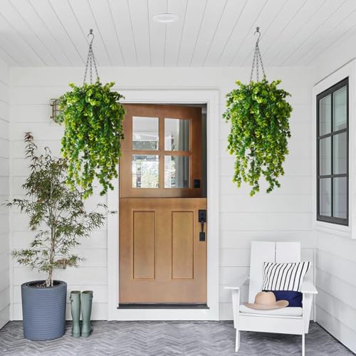 ZFProcess Artificial Faux Hanging Plants Basket for Spring Summer Outdoor Decoration, Fake Eucalyptus Plant UV Resistant Look Real for Outside Porch Home Patio Balcony Yard(Eucalyptus) - color: A Green