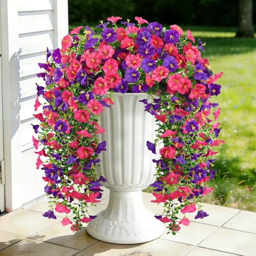 Artificial Hanging Flowers for Outdoors, 2PCS 300 Blooms UV Resistant Morning Glory Vine Fake Flowers with Eucalyptus, Realistic Silk Faux Hanging Plants Decor for Outside (Rose Red and Purple) - color: Rose Red and Purple, size: 2PCS