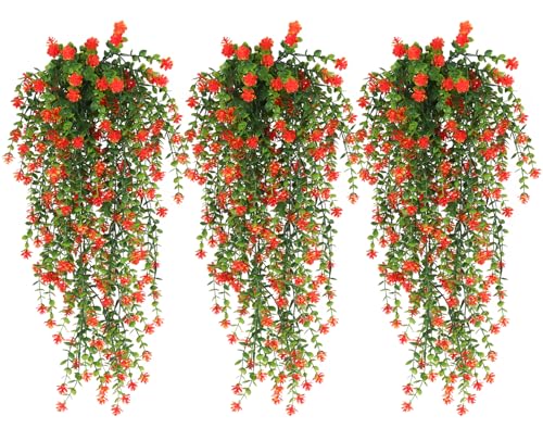 Faux Hanging Plants Hanging Greenery Outdoor Artificial Vines for Outdoors Hanging Plants with flowers Artificial Hanging Plants Indoor Outdoor Wall Garden Wedding Interior Decoration(Orange Red) - color: Orange Red, size: Hanging Plants