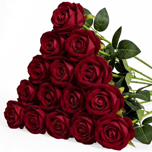 15PCS Artificial Flowers Fake Roses, Silk Artificial Burgundy Roses with Stems Realistic Bouquets for Wedding Centerpiece Valentines Day Decorations Home Decor Party Crafts DIY - color: Burgundy