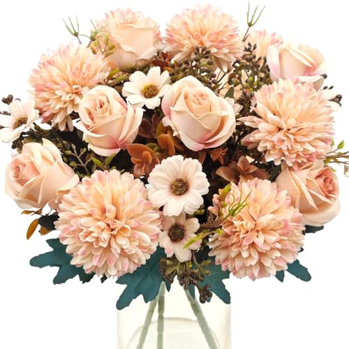 3 Pcs Fall Flowers Artificial Mums Silk Fake Mums Bouquet Faux Floral Arrangements Home Indoor Outdoor Planter Decor Party Wedding Table Autumn Decoration (Champagne) - color: Champagne