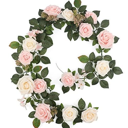 Senseya 5FT Artificial Rose Flower Garland - Blush Pink Fake Floral Vine with Rose Leaves, Runner Rustic Flower Garland for Wedding Arch Backdrop, Table Runner Centerpieces, Party Home Mantel Decor - color: Blush Pink Roses
