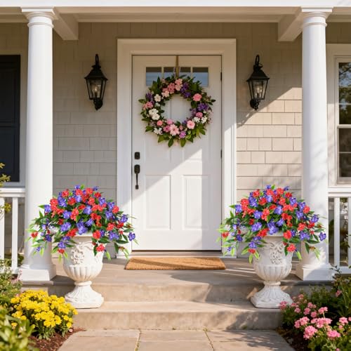 Hommyea Artificial Flowers for Outdoor, 2 Bundles UV Resistant Fake Plants Decoration Realistic Faux Silk Flowers No Fade Plastic Flowers for Outside Planters Home Porch Patio Yard Garden Decor - color: Red Deep Blue