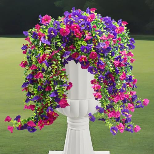 Musdoney 4PCS Artificial Hanging Flowers, Fake Hanging Plants Morning Glory Vines UV Resistant for Wall Home Room Garden Wedding Indoor Outdoor Spring Summer Decoration (Purple+Fuchsia) - color: Purple+fuchsia