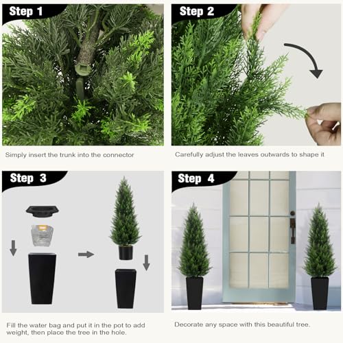 5FT Tall 2 Pack Artificial Cedar Topiary Trees with Compact Pyramidal Shape, Realistic Faux Cypress in Square Black Pot with Fillable Water Bag, Outdoor Evergreen for Front Porch Garden Home Decor - color: Black-pyramid Topiary, size: 5ft-2pack